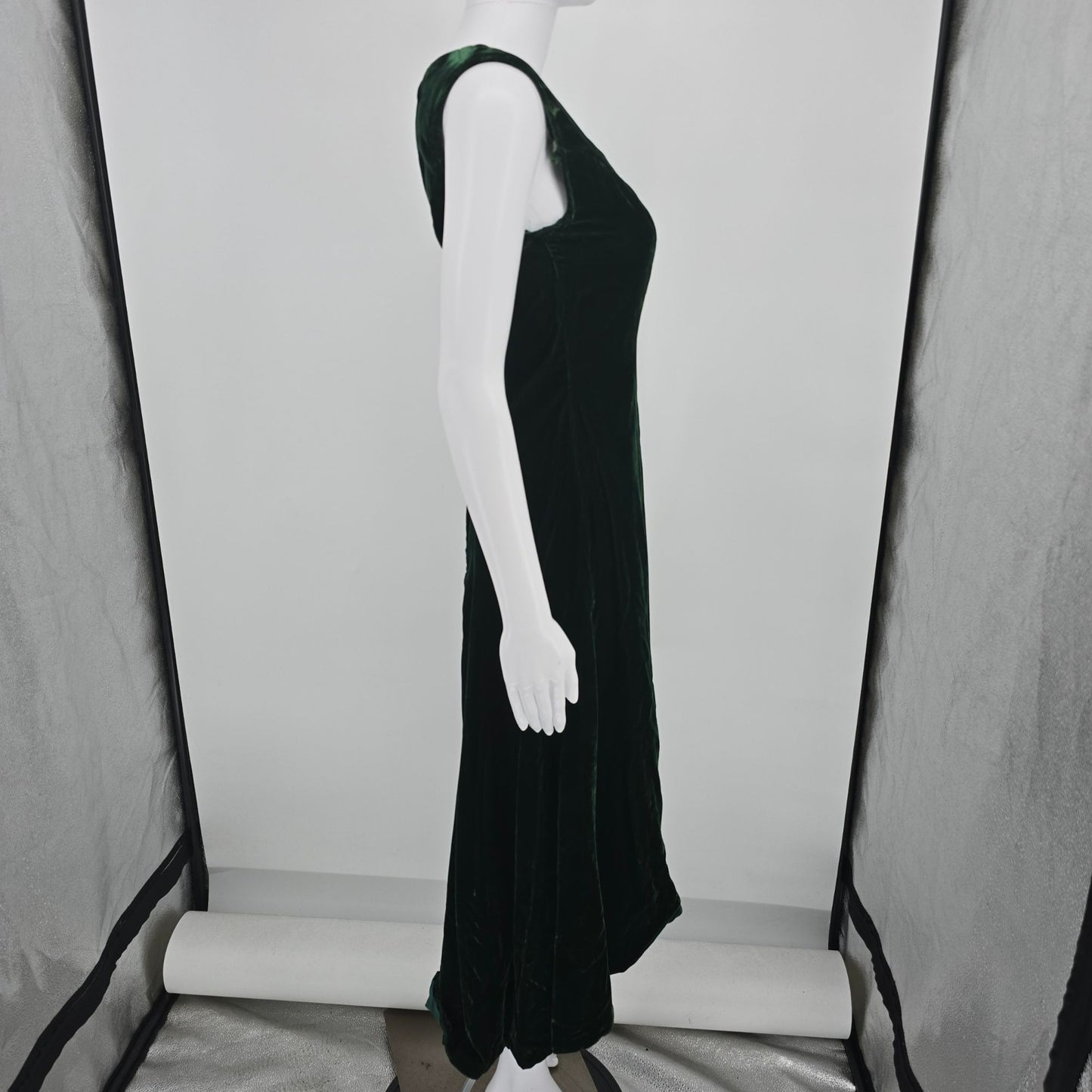 Vintage 1970s Deep Forest Green Velvet High Low Sleeveless Holiday Dress (XS)