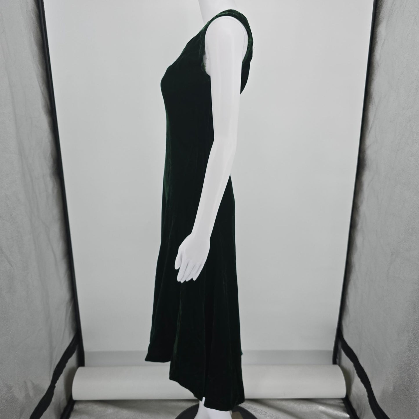 Vintage 1970s Deep Forest Green Velvet High Low Sleeveless Holiday Dress (XS)