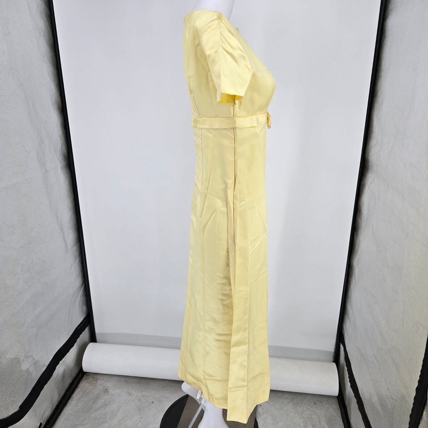 Vintage Early 1960s Yellow Satin Short Sleeve Metal Zipper Maxi Dress (2/XS)