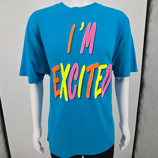 Vintage 1990s Hanes/Dreamer "I'm Excited How 'Bout U" Neon Text T-Shirt (XL/XXL)