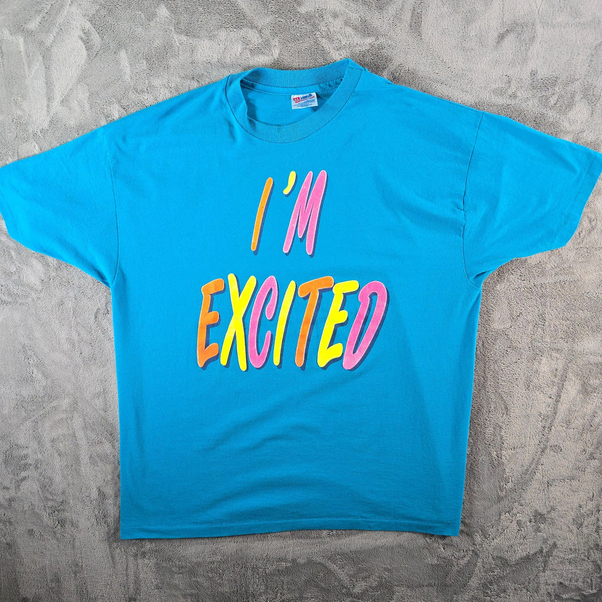 Vintage 1990s Hanes/Dreamer "I'm Excited How 'Bout U" Neon Text T-Shirt (XL/XXL)