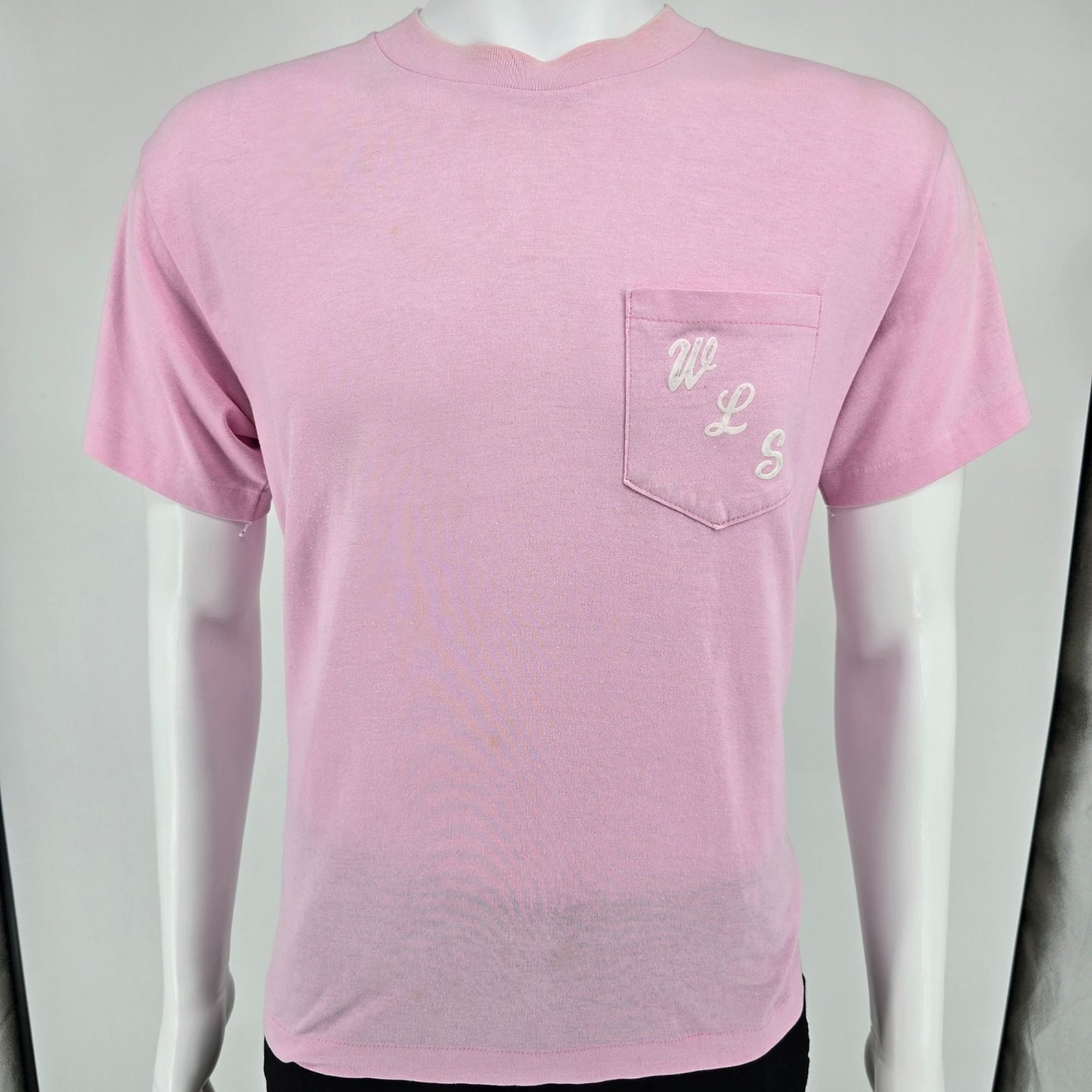 Vintage 1980s Heft-T by Tee Jays "WLS" Flocked Letter Pink Pocket T-Shirt (M/L)