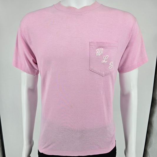 Vintage 1980s Heft-T by Tee Jays "WLS" Flocked Letter Pink Pocket T-Shirt (M/L)