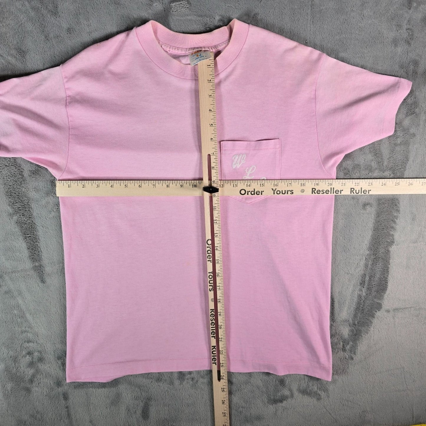 Vintage 1980s Heft-T by Tee Jays "WLS" Flocked Letter Pink Pocket T-Shirt (M/L)
