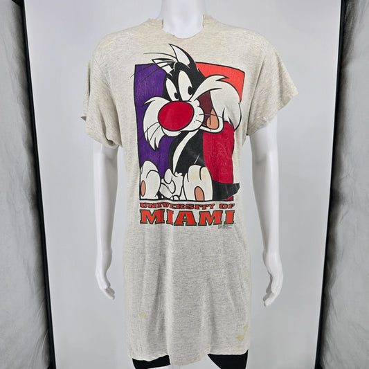 Vintage 1990s University of Miami Looney Tunes Sylvester T-Shirt (OSFA/XL)