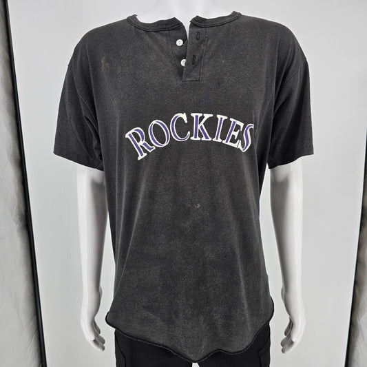Distressed Vintage 1990s Colorado Rockies Baseball Black Henley T-Shirt (XL)
