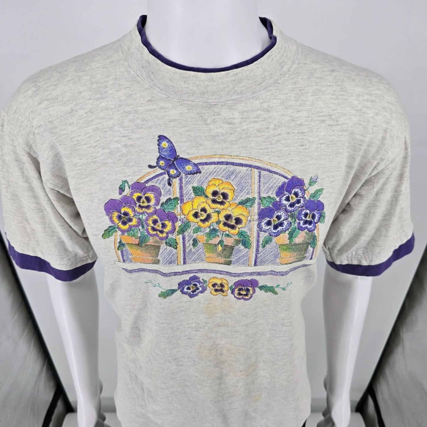 Distressed Vintage 1990s Pansy Flower Window Garden Ringer Tee T-Shirt (L)