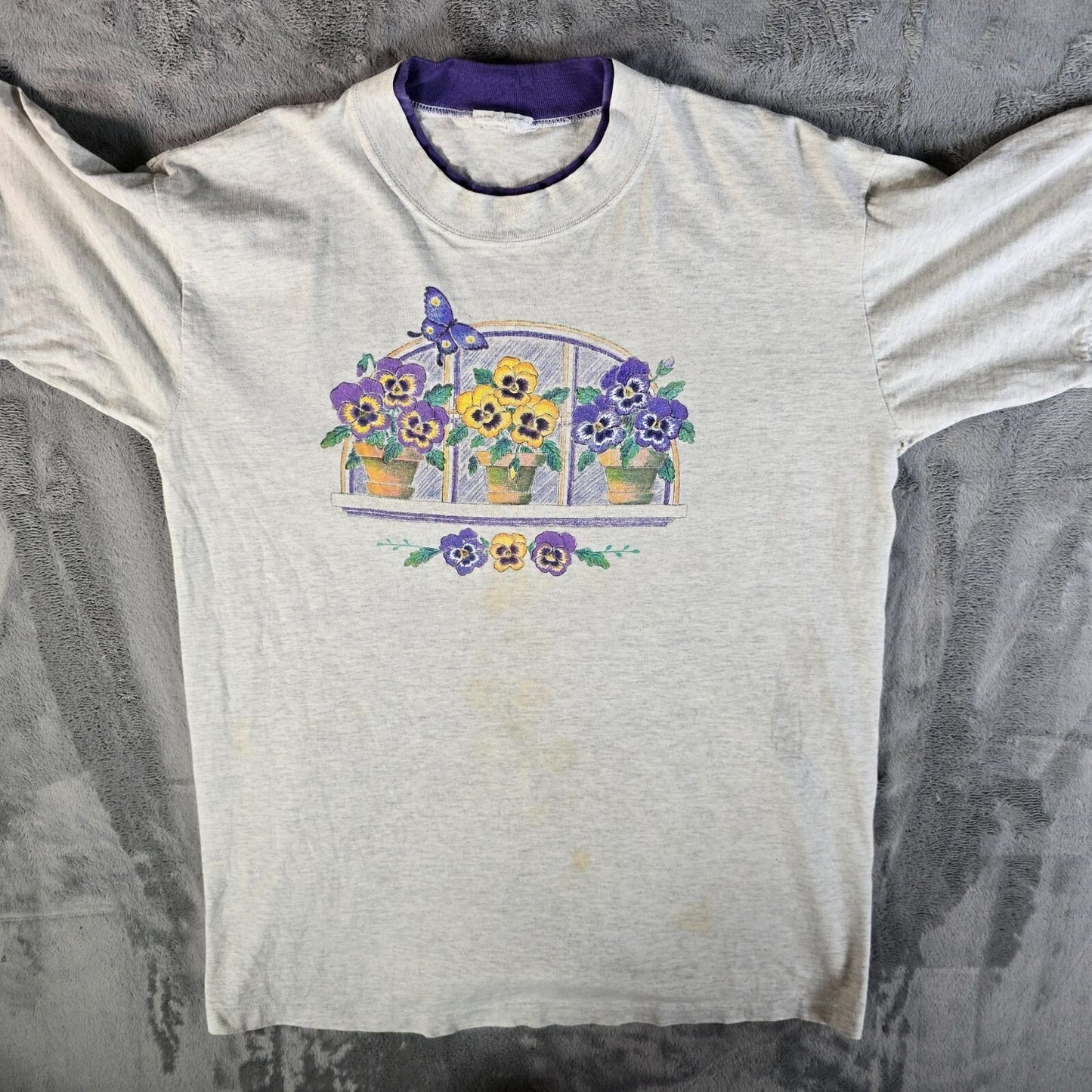 Distressed Vintage 1990s Pansy Flower Window Garden Ringer Tee T-Shirt (L)