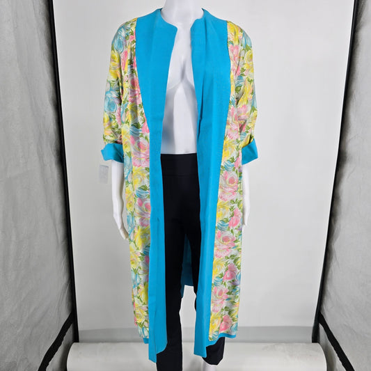 Vintage 1980s Unbranded Turquoise/Floral Watercolor Open Front Duster Kimono (L)