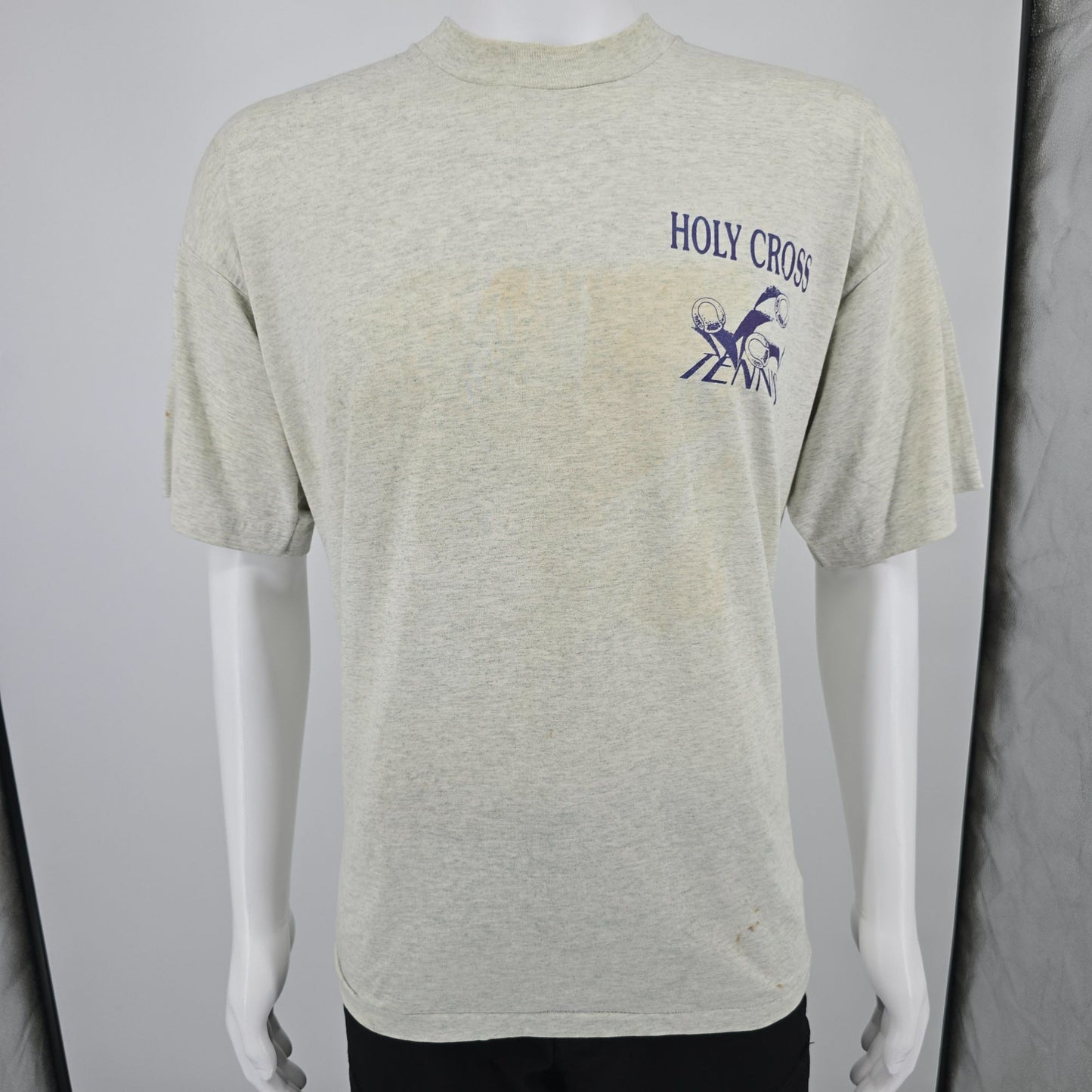 Distressed Vintage 1990s Fruit of the Loom Gray Holy Cross Tennis T-Shirt (XL)