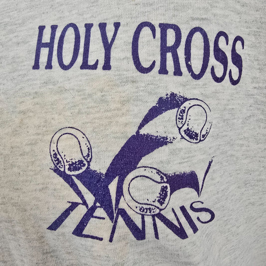 Distressed Vintage 1990s Fruit of the Loom Gray Holy Cross Tennis T-Shirt (XL)