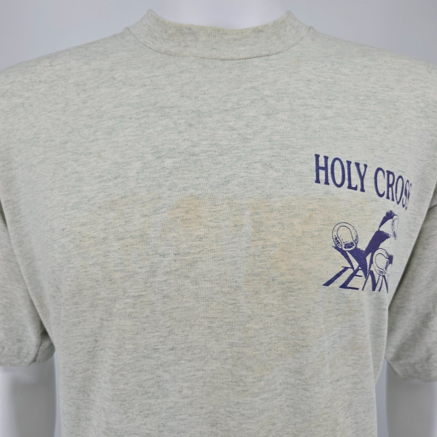 Distressed Vintage 1990s Fruit of the Loom Gray Holy Cross Tennis T-Shirt (XL)