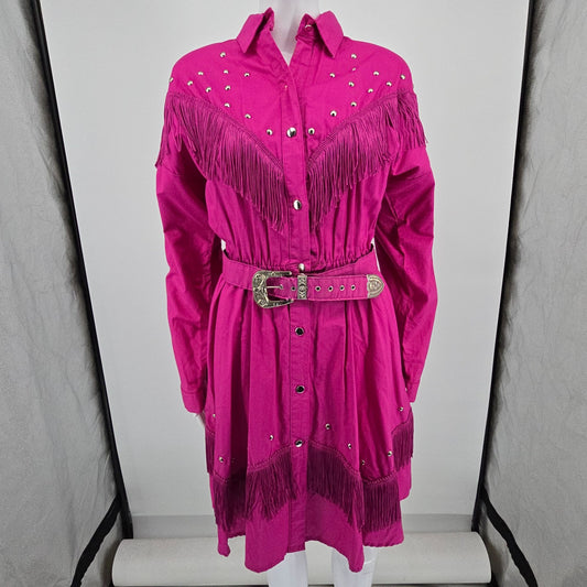 Vintage 1980s Sas'sa Pink Western Cowgirl Rodeo Studded/Fringed Shirt Dress (M)