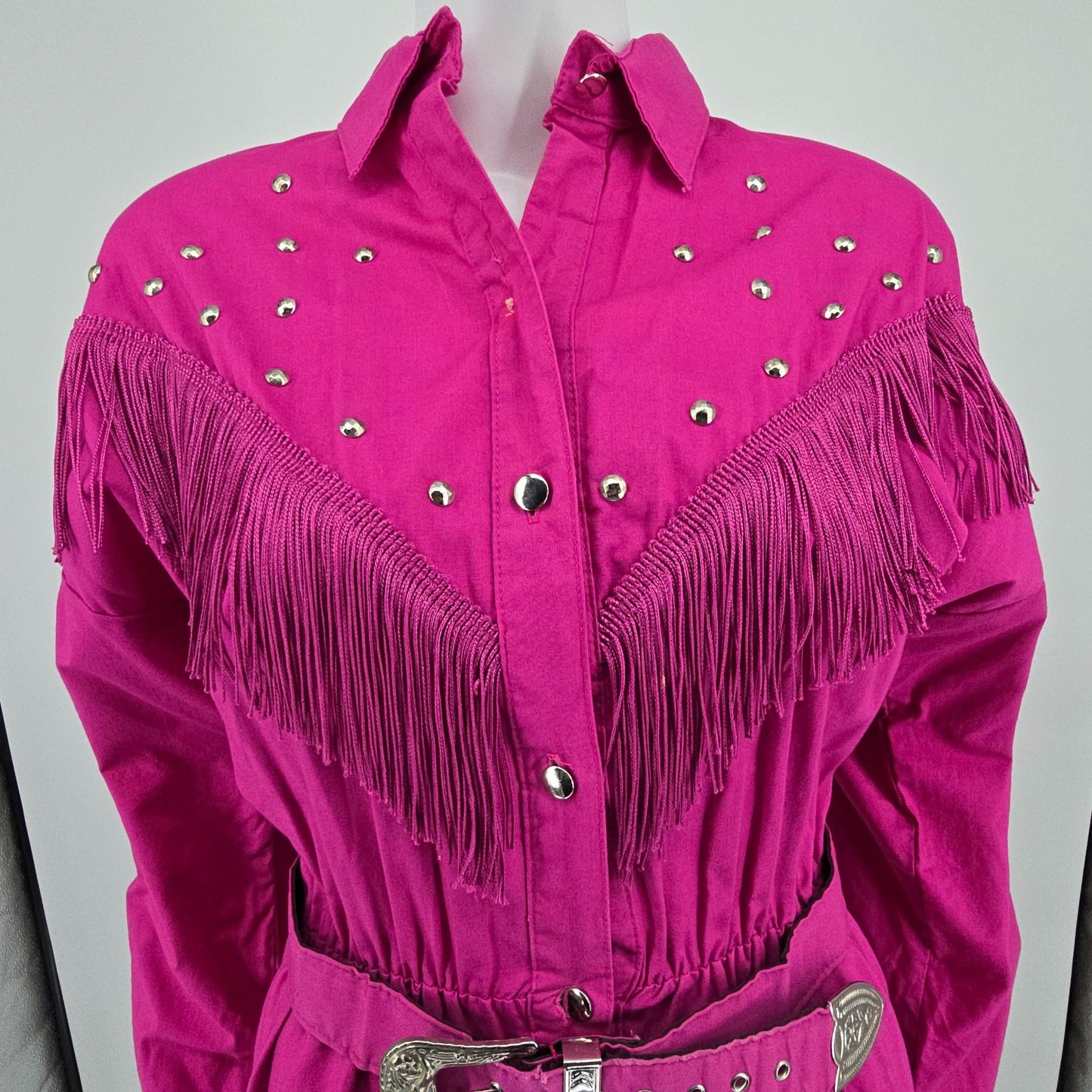 Vintage 1980s Sas'sa Pink Western Cowgirl Rodeo Studded/Fringed Shirt Dress (M)