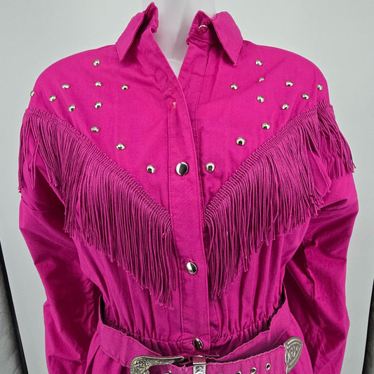 Vintage 1980s Sas'sa Pink Western Cowgirl Rodeo Studded/Fringed Shirt Dress (M)
