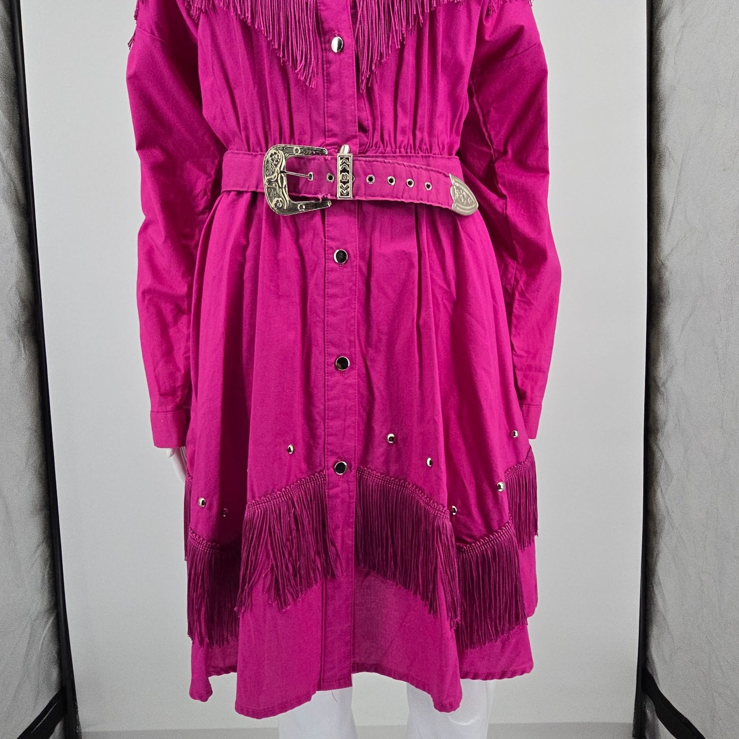 Vintage 1980s Sas'sa Pink Western Cowgirl Rodeo Studded/Fringed Shirt Dress (M)