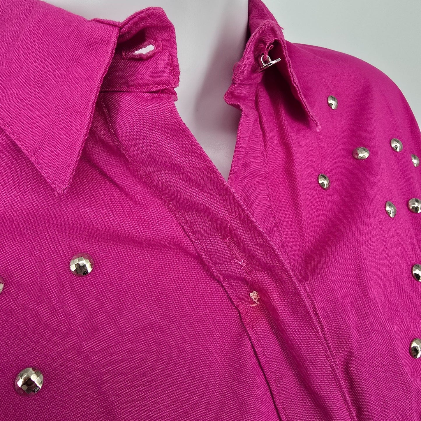 Vintage 1980s Sas'sa Pink Western Cowgirl Rodeo Studded/Fringed Shirt Dress (M)