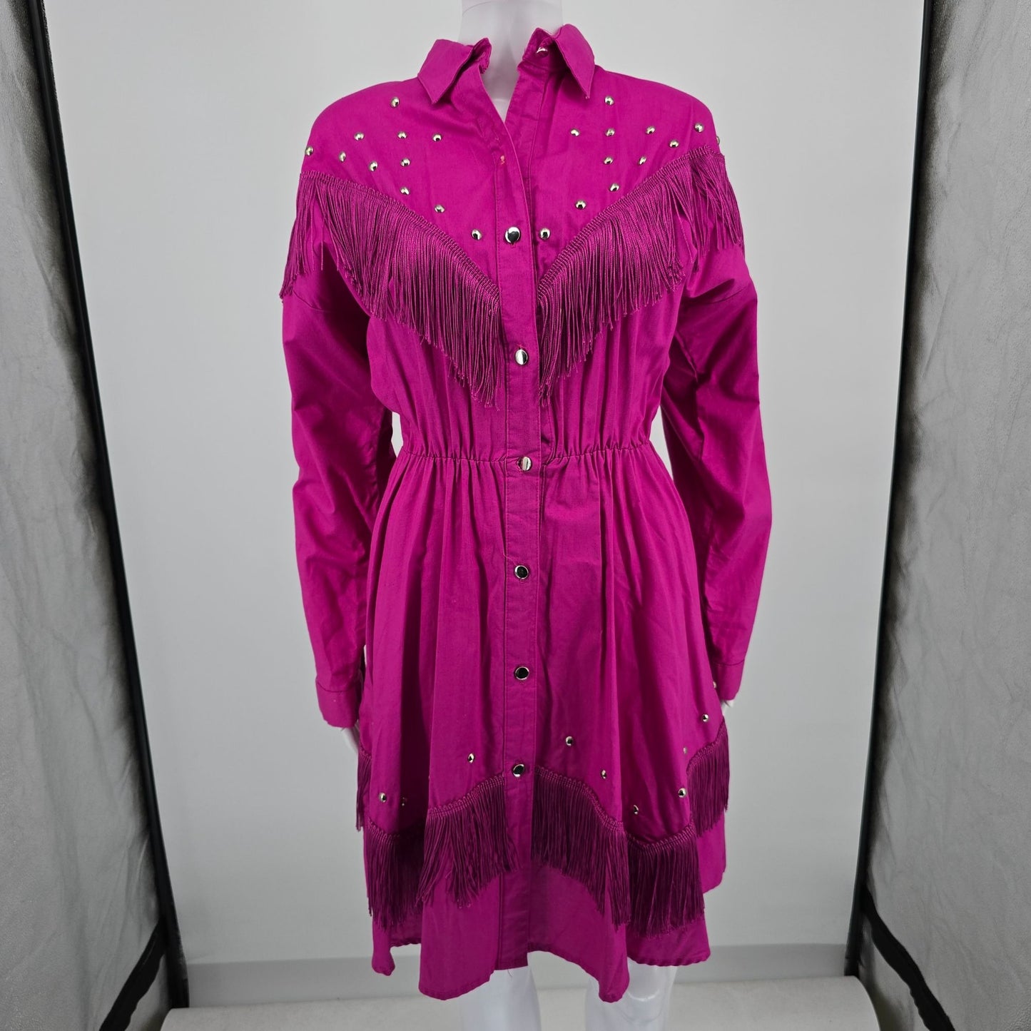 Vintage 1980s Sas'sa Pink Western Cowgirl Rodeo Studded/Fringed Shirt Dress (M)