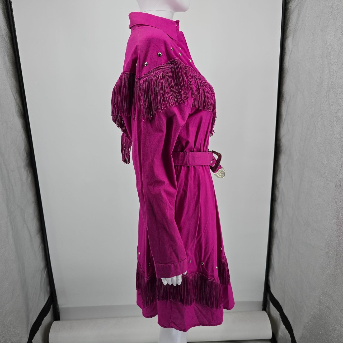 Vintage 1980s Sas'sa Pink Western Cowgirl Rodeo Studded/Fringed Shirt Dress (M)