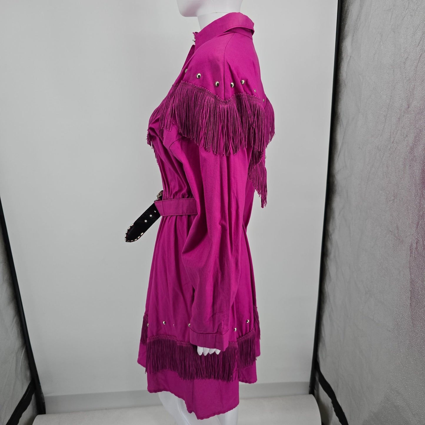 Vintage 1980s Sas'sa Pink Western Cowgirl Rodeo Studded/Fringed Shirt Dress (M)