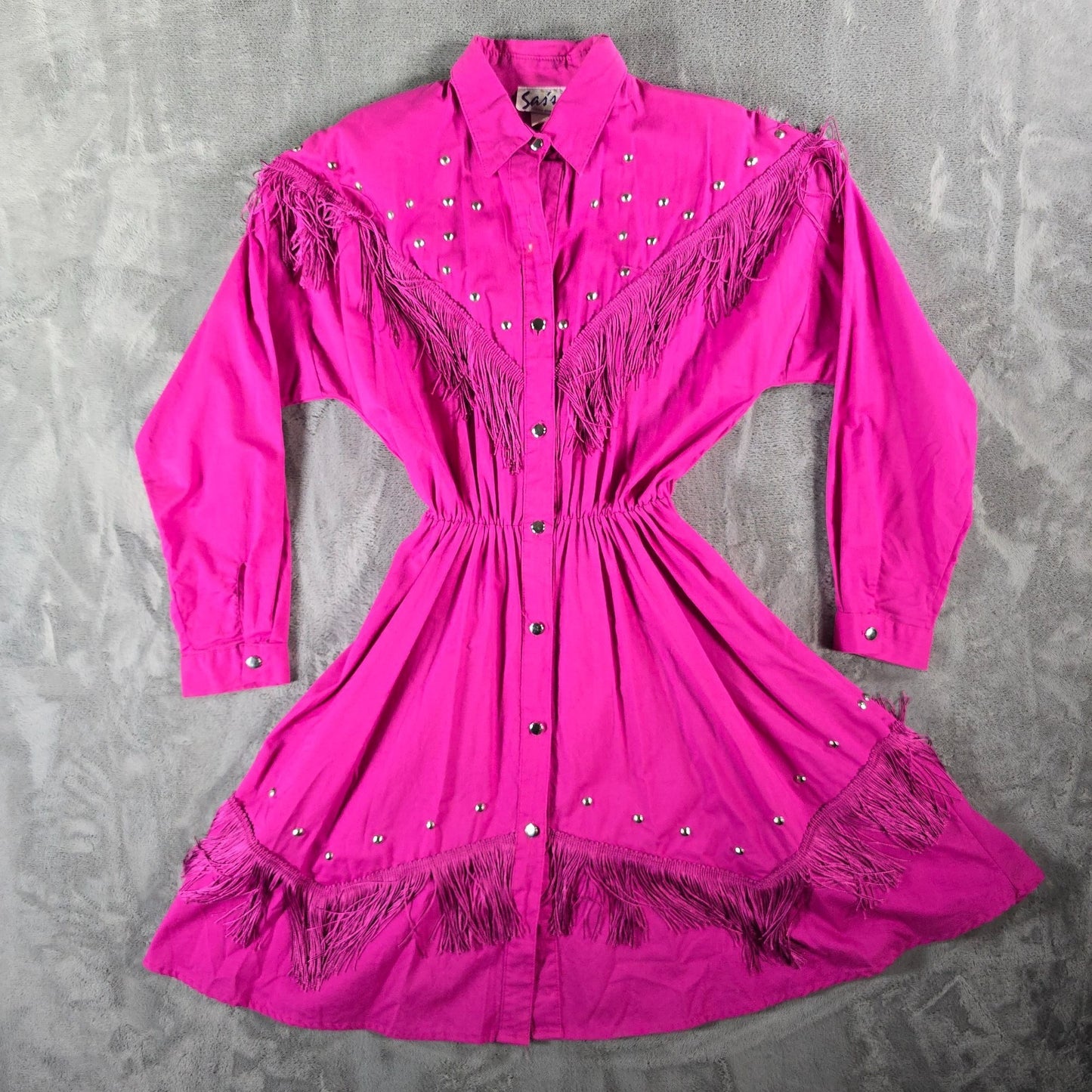 Vintage 1980s Sas'sa Pink Western Cowgirl Rodeo Studded/Fringed Shirt Dress (M)