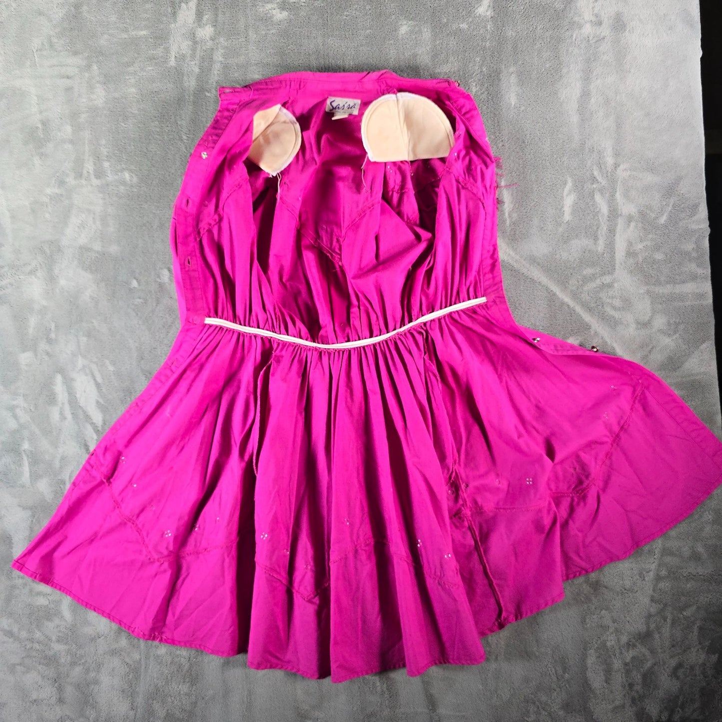 Vintage 1980s Sas'sa Pink Western Cowgirl Rodeo Studded/Fringed Shirt Dress (M)