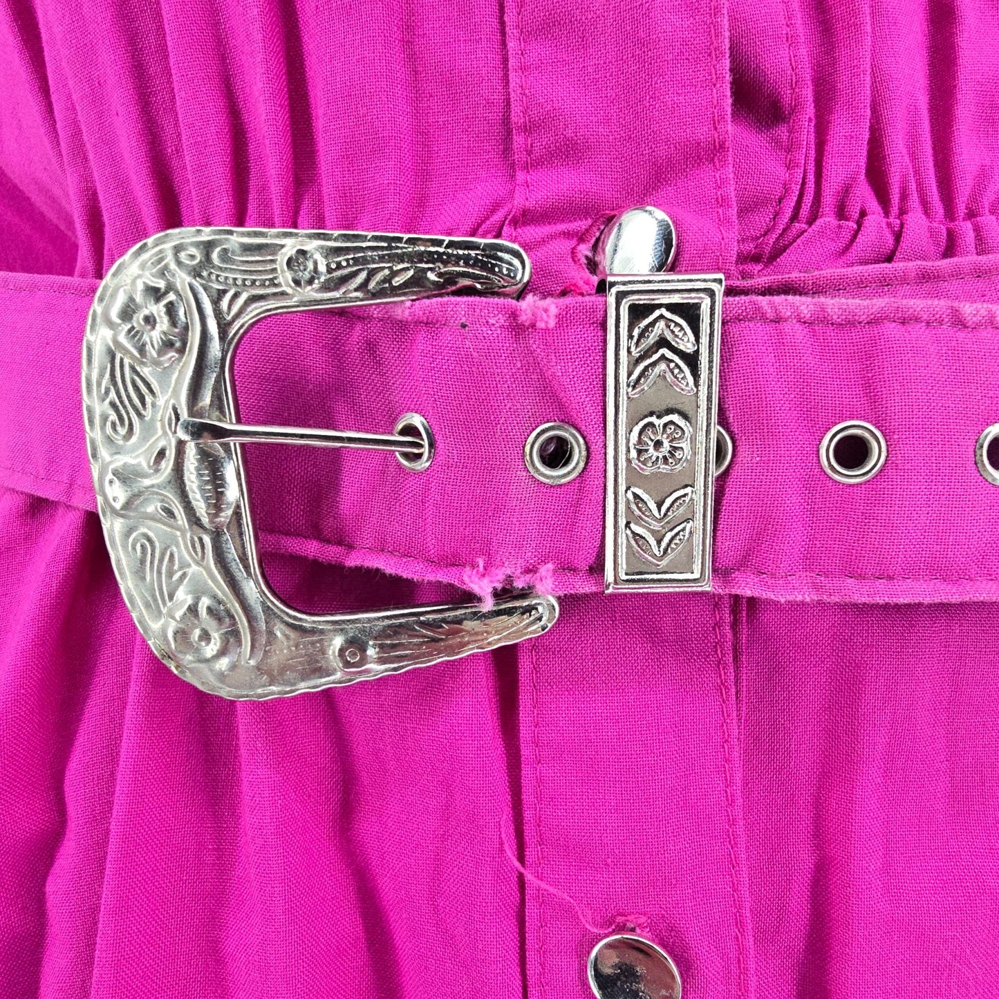 Vintage 1980s Sas'sa Pink Western Cowgirl Rodeo Studded/Fringed Shirt Dress (M)