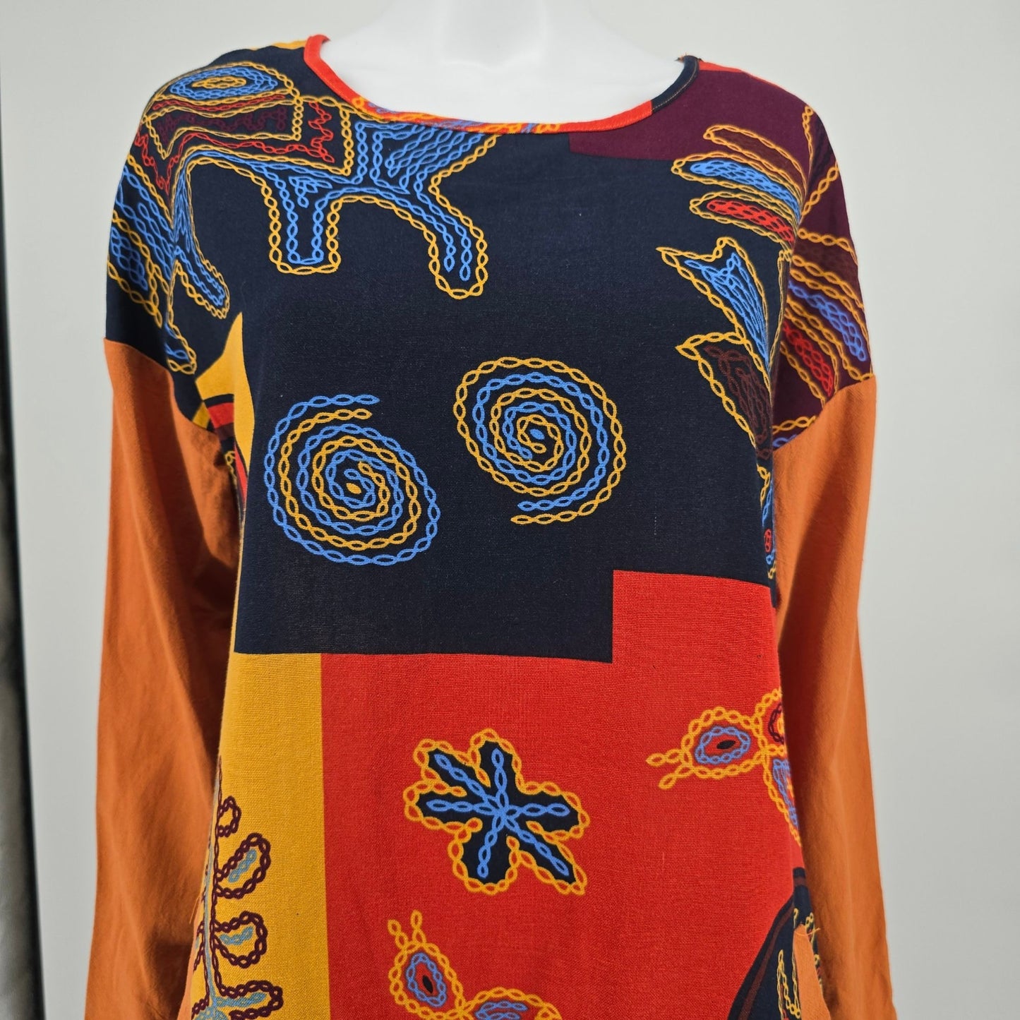 Gracila Navy/Red/Gold Folk Art Patchwork Print Cotton Boho Midi Dress (Medium)
