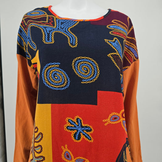 Gracila Navy/Red/Gold Folk Art Patchwork Print Cotton Boho Midi Dress (Medium)