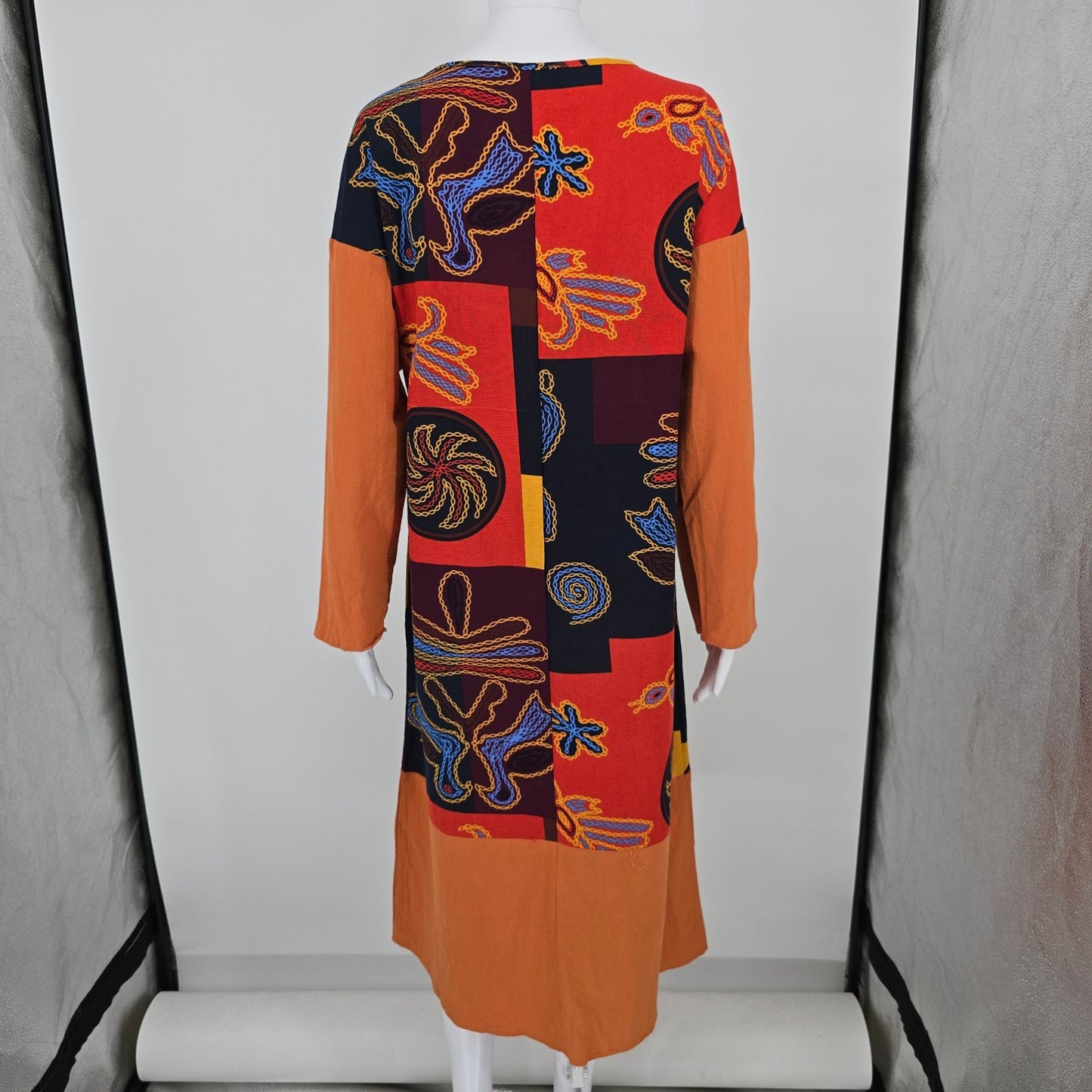 Gracila Navy/Red/Gold Folk Art Patchwork Print Cotton Boho Midi Dress (Medium)