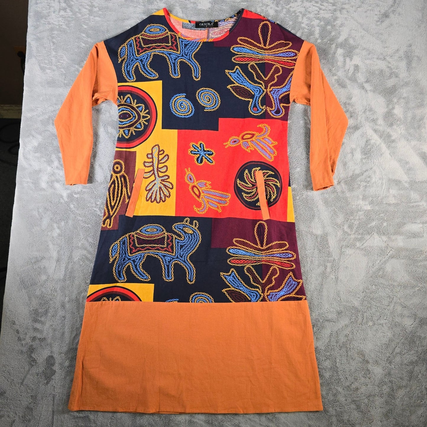 Gracila Navy/Red/Gold Folk Art Patchwork Print Cotton Boho Midi Dress (Medium)