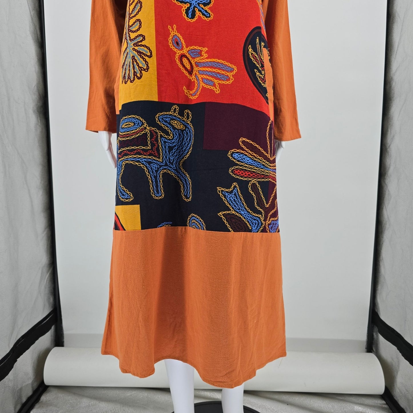 Gracila Navy/Red/Gold Folk Art Patchwork Print Cotton Boho Midi Dress (Medium)
