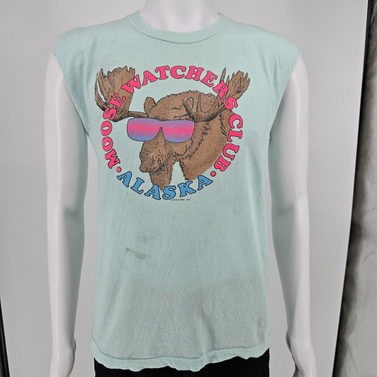 Vintage 1989 Poly Tees Moose Watchers Club Alaska DIY Sleeveless T-Shirt (M)