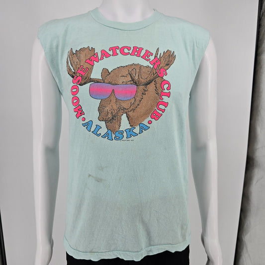 Vintage 1989 Poly Tees Moose Watchers Club Alaska DIY Sleeveless T-Shirt (M)