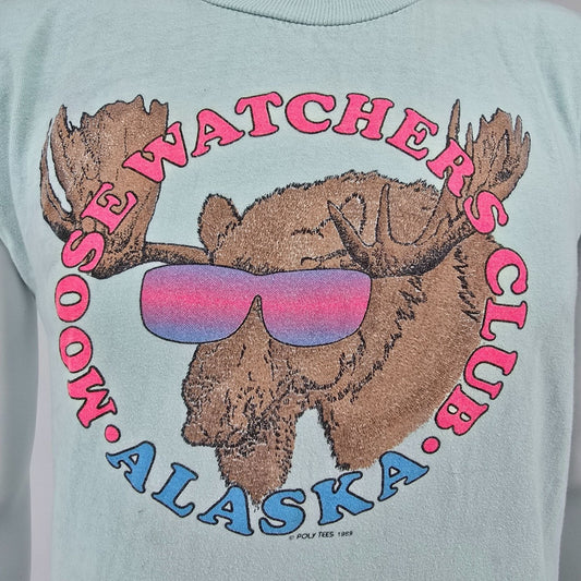 Vintage 1989 Poly Tees Moose Watchers Club Alaska DIY Sleeveless T-Shirt (M)