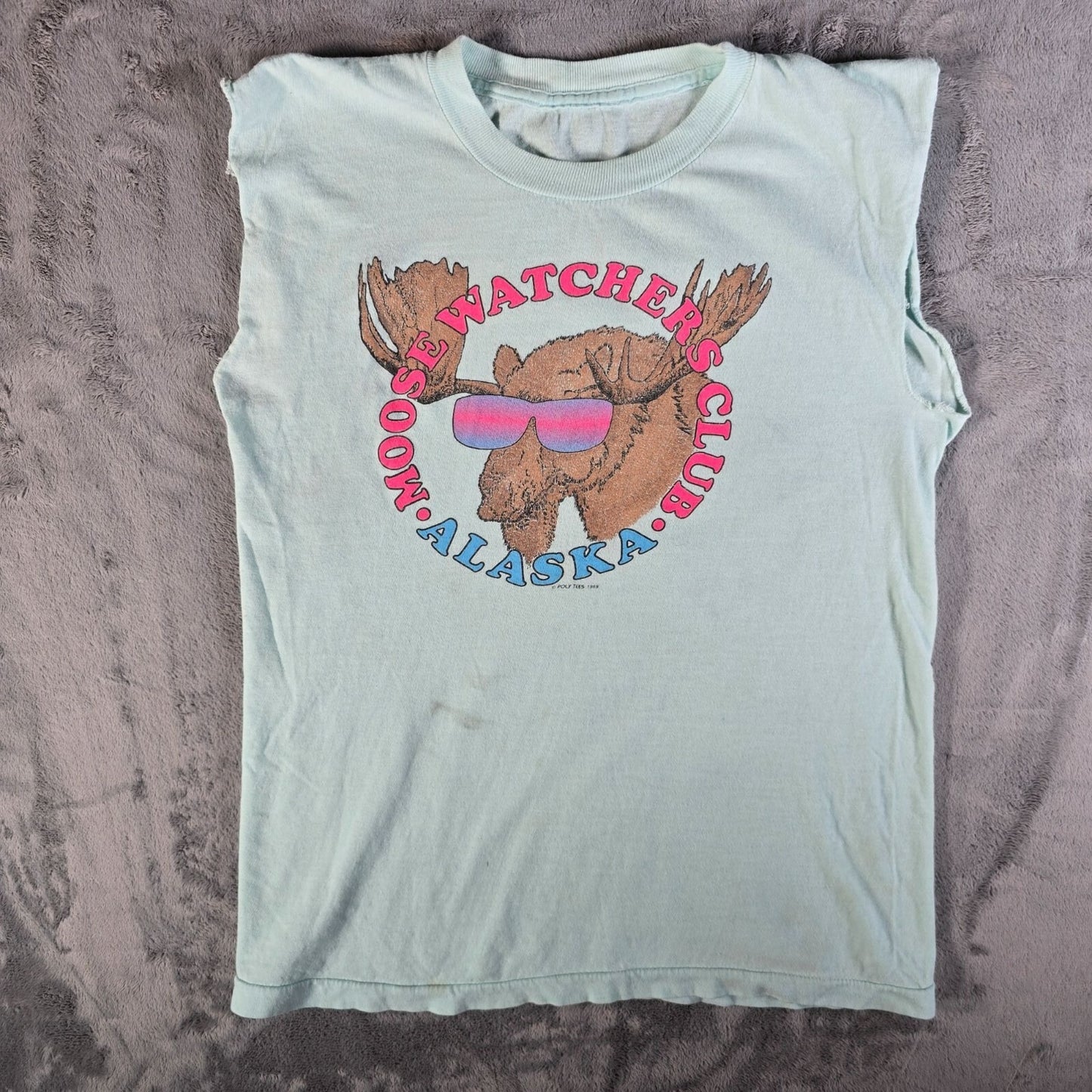Vintage 1989 Poly Tees Moose Watchers Club Alaska DIY Sleeveless T-Shirt (M)