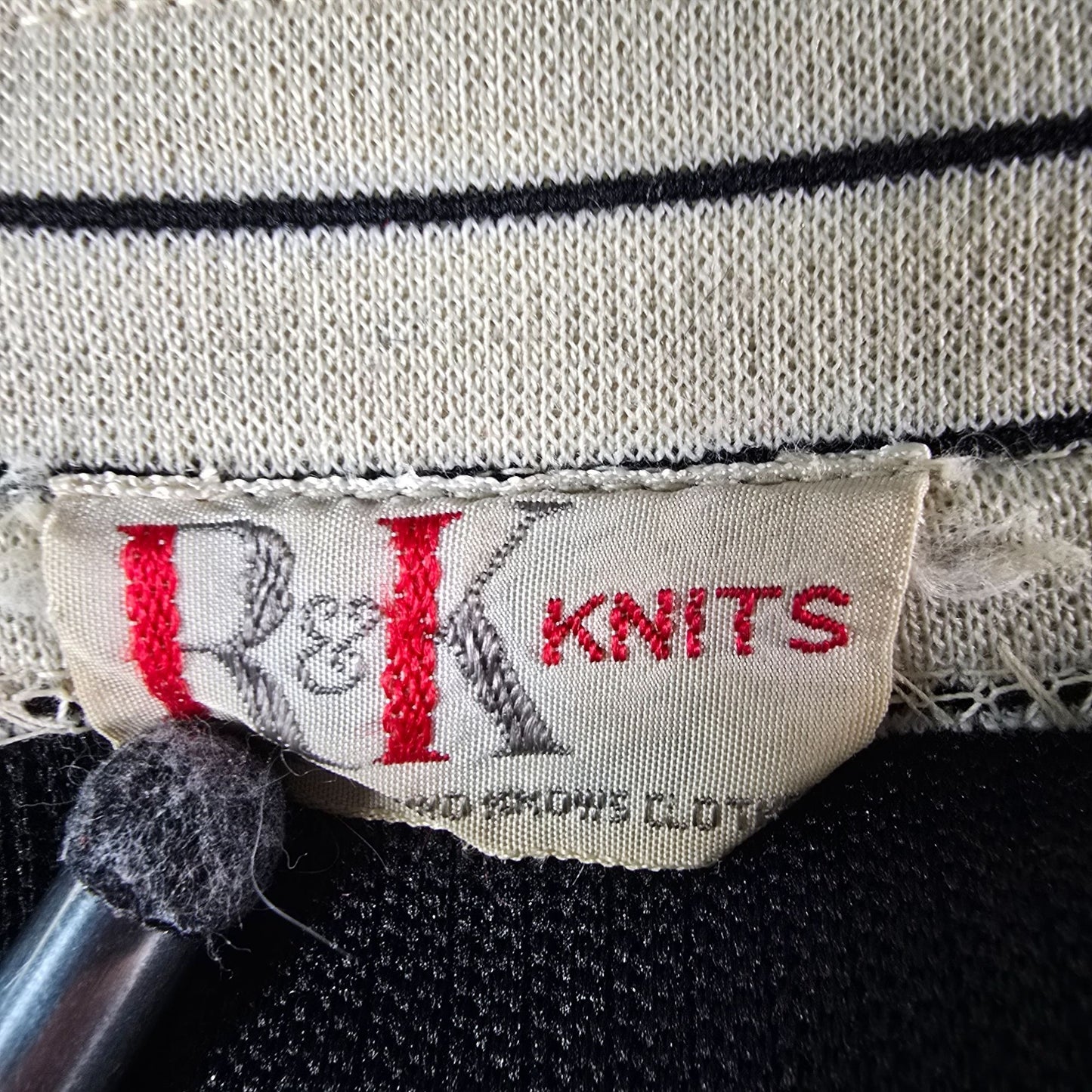 Vintage Early 1970s R&K Knits Black & Cream Pinstripe Contrast Dress (L) *Flaw