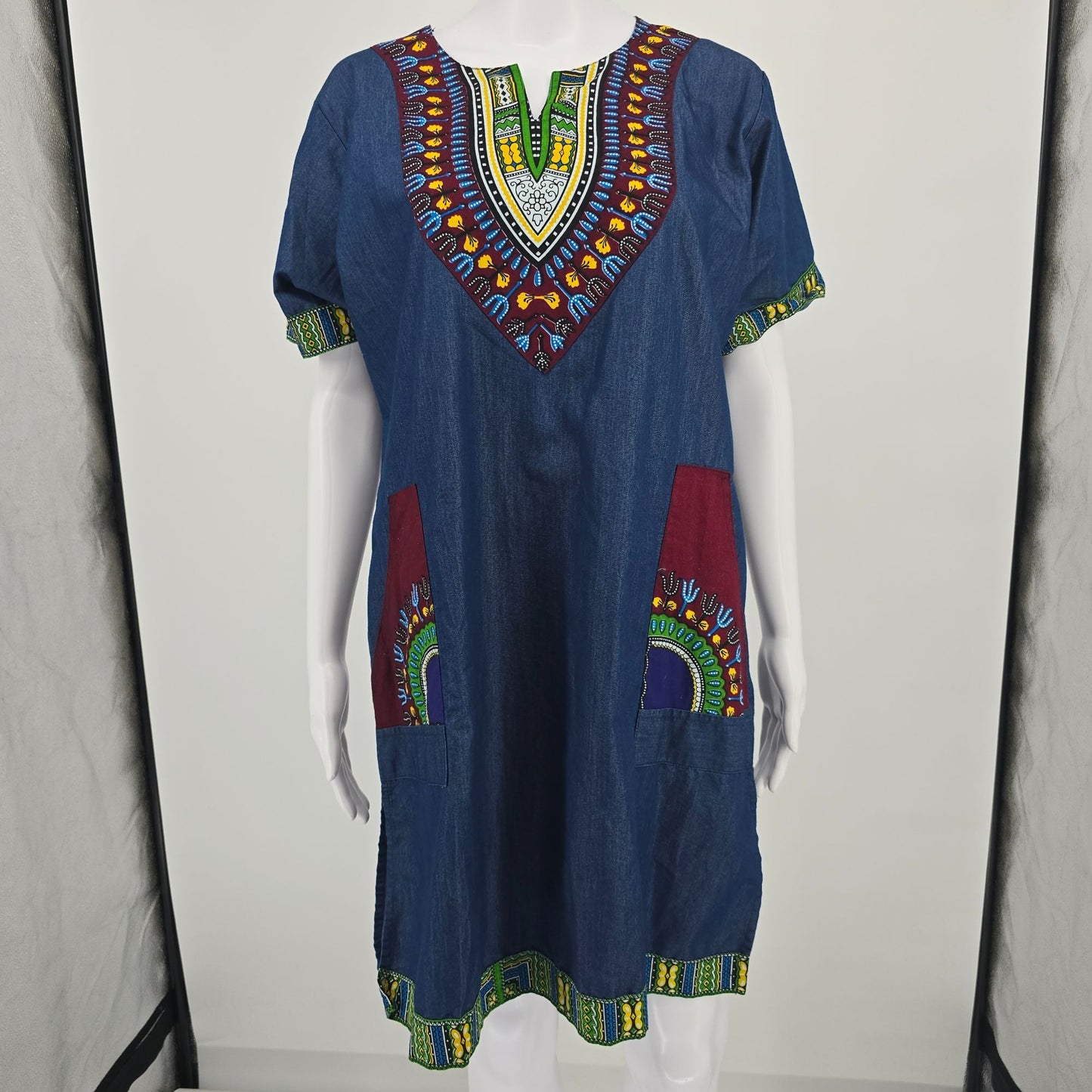 2010s Marine Imports Blue Chambray Cotton Daishiki Shift Tunic Dress (XL)