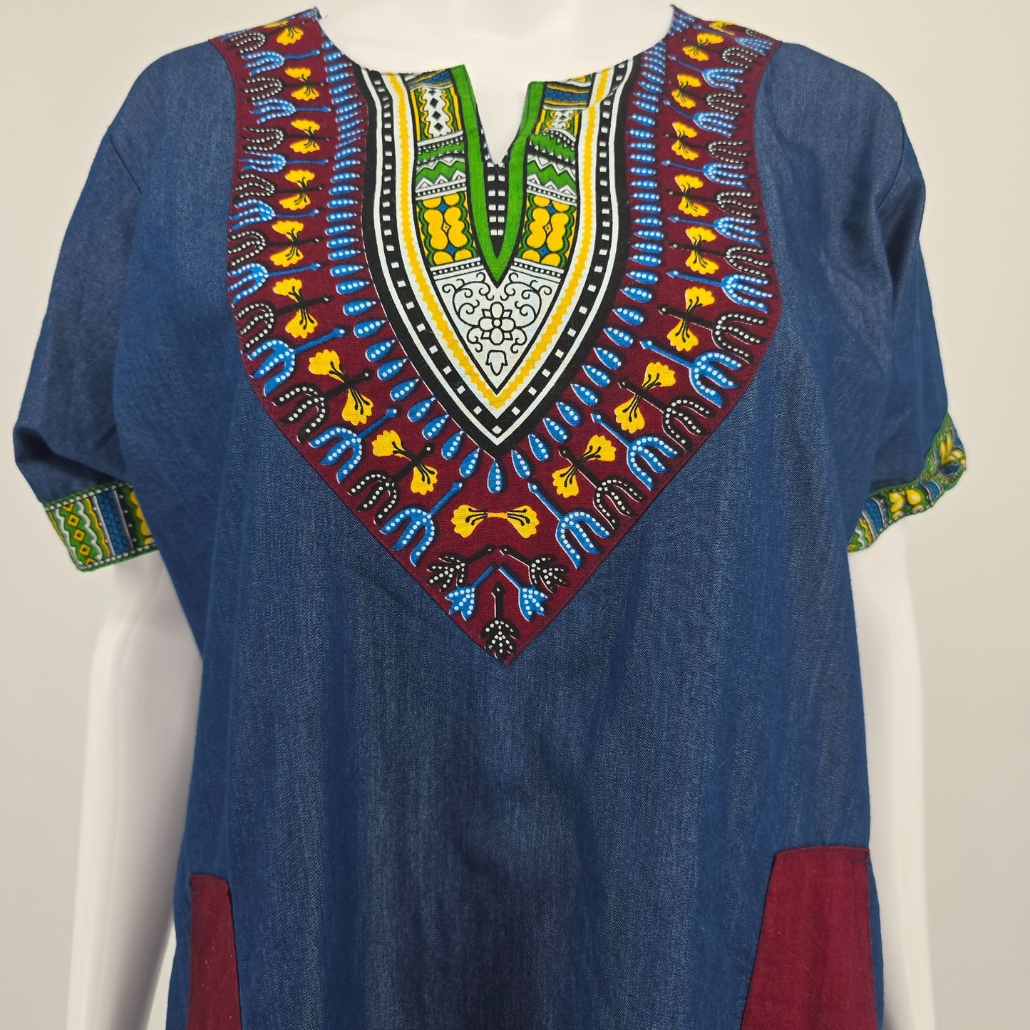 2010s Marine Imports Blue Chambray Cotton Daishiki Shift Tunic Dress (XL)