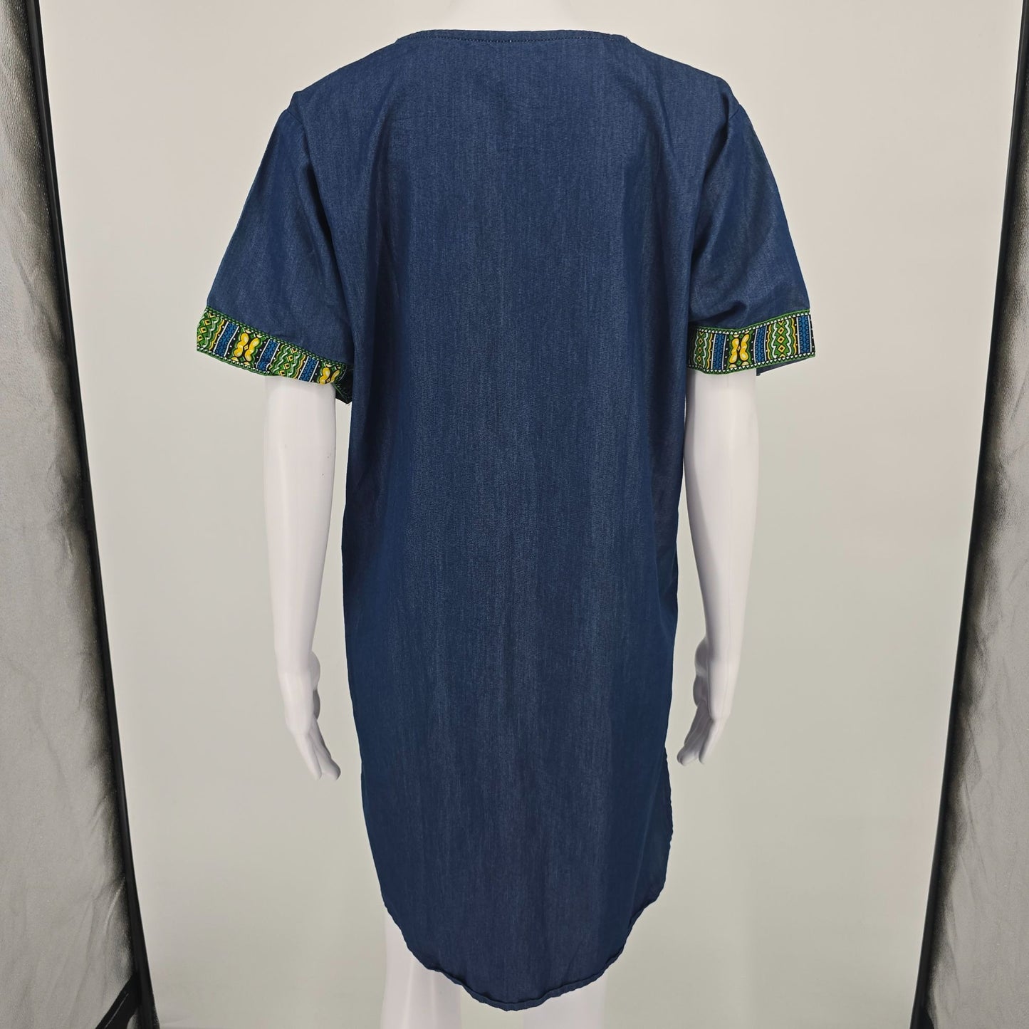 2010s Marine Imports Blue Chambray Cotton Daishiki Shift Tunic Dress (XL)