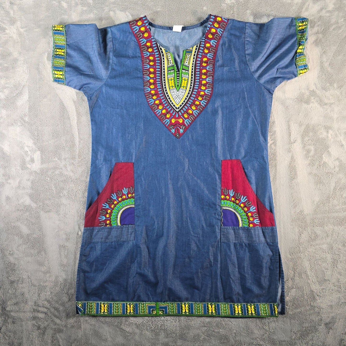 2010s Marine Imports Blue Chambray Cotton Daishiki Shift Tunic Dress (XL)