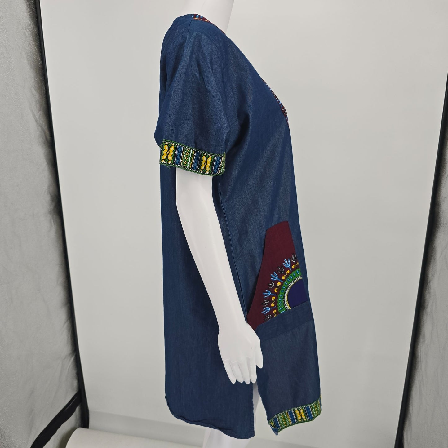 2010s Marine Imports Blue Chambray Cotton Daishiki Shift Tunic Dress (XL)