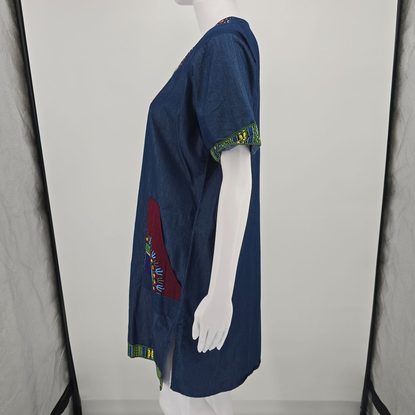2010s Marine Imports Blue Chambray Cotton Daishiki Shift Tunic Dress (XL)