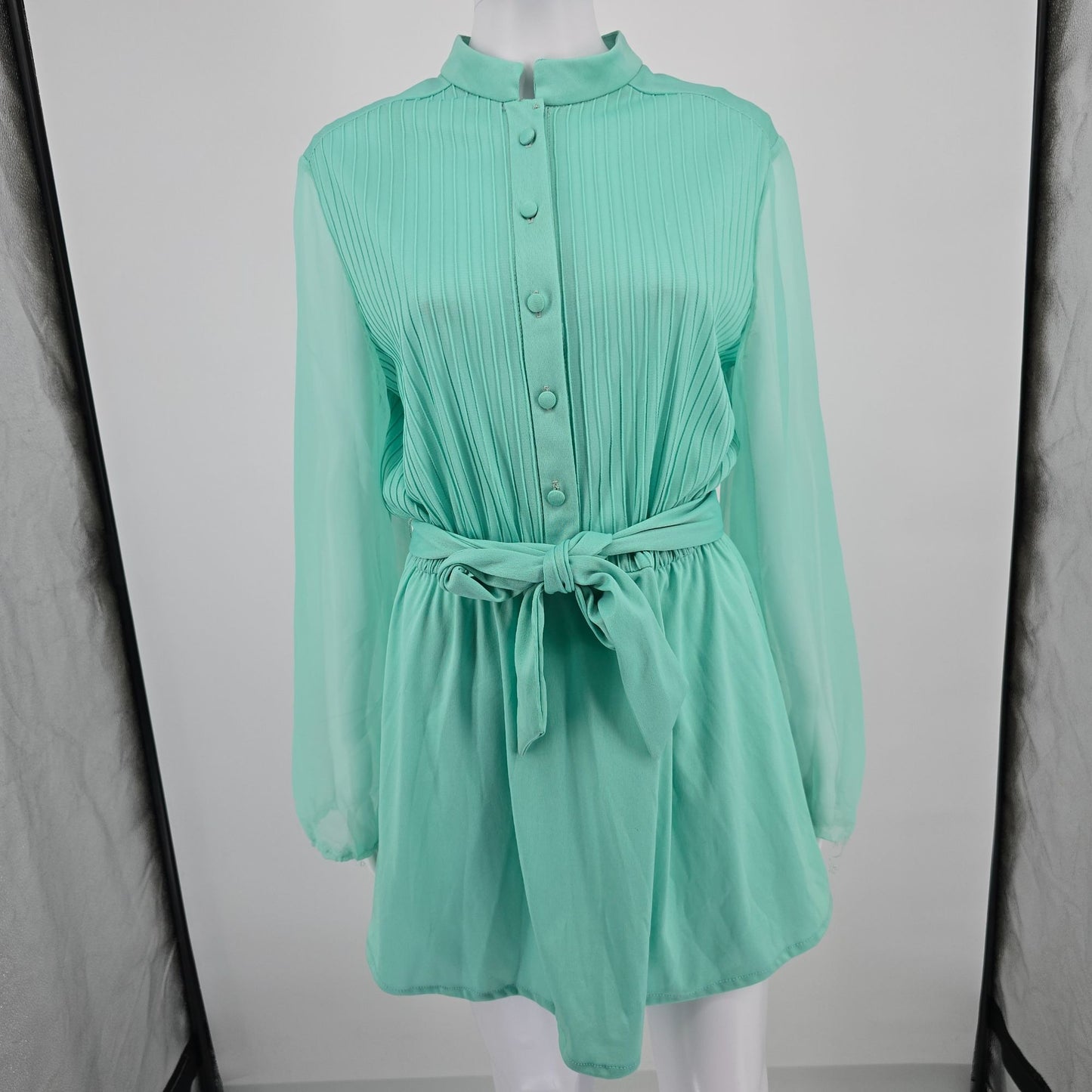Vintage 1970s Mint Green Ethereal Sheer Belted Pleated Blouson Mini Dress (M)