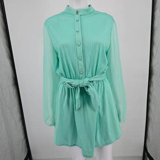 Vintage 1970s Mint Green Ethereal Sheer Belted Pleated Blouson Mini Dress (M)