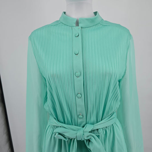 Vintage 1970s Mint Green Ethereal Sheer Belted Pleated Blouson Mini Dress (M)