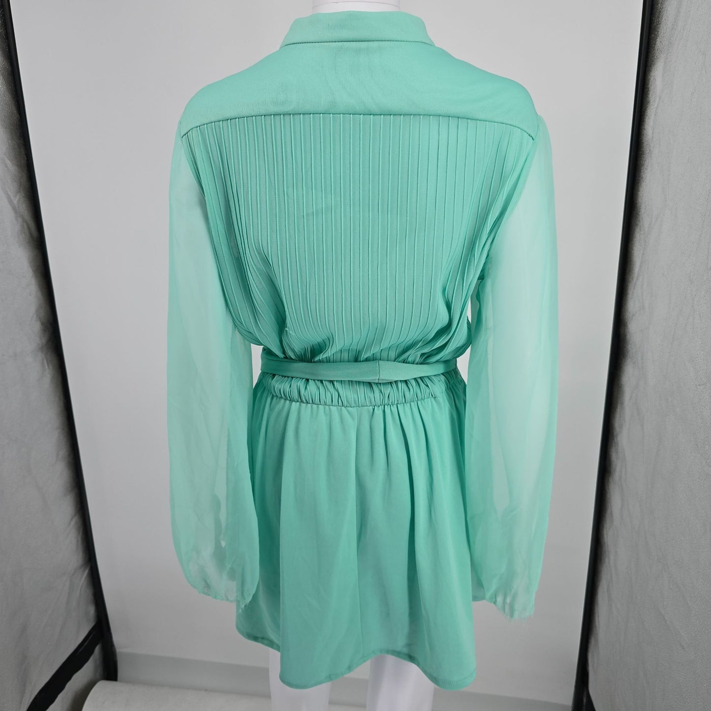 Vintage 1970s Mint Green Ethereal Sheer Belted Pleated Blouson Mini Dress (M)