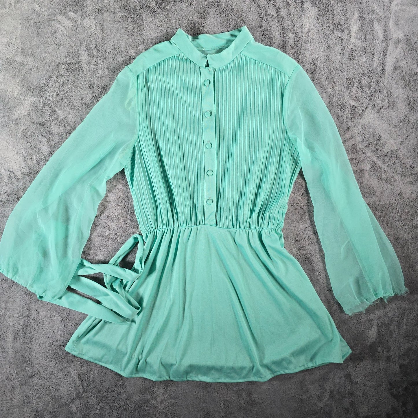 Vintage 1970s Mint Green Ethereal Sheer Belted Pleated Blouson Mini Dress (M)