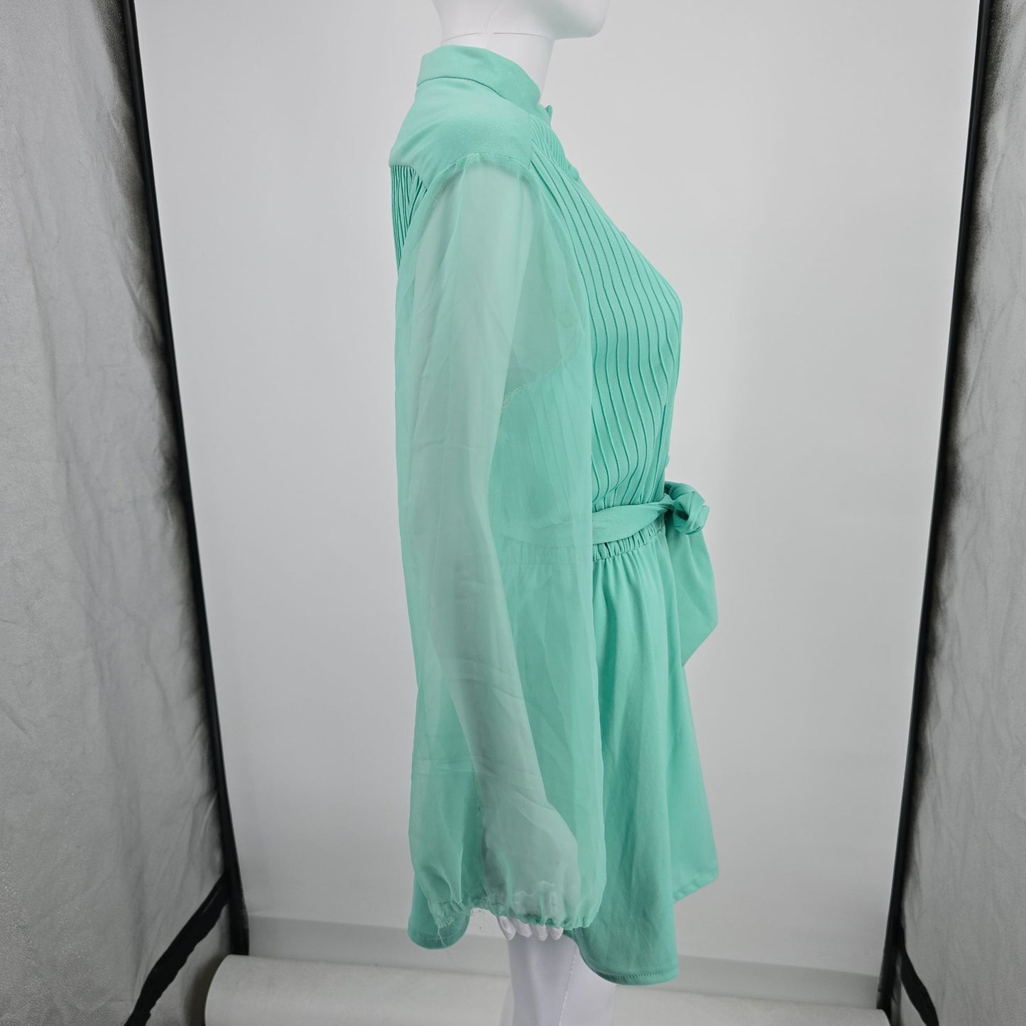Vintage 1970s Mint Green Ethereal Sheer Belted Pleated Blouson Mini Dress (M)