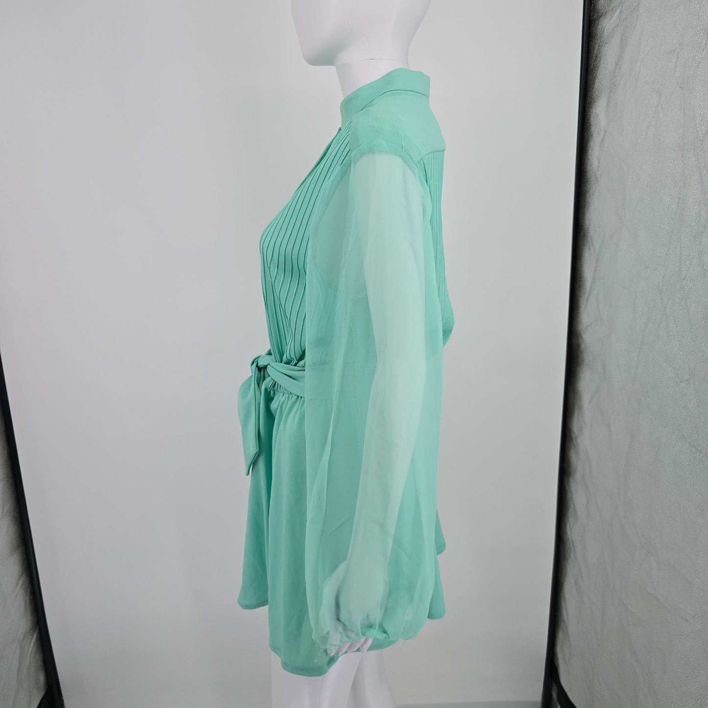 Vintage 1970s Mint Green Ethereal Sheer Belted Pleated Blouson Mini Dress (M)
